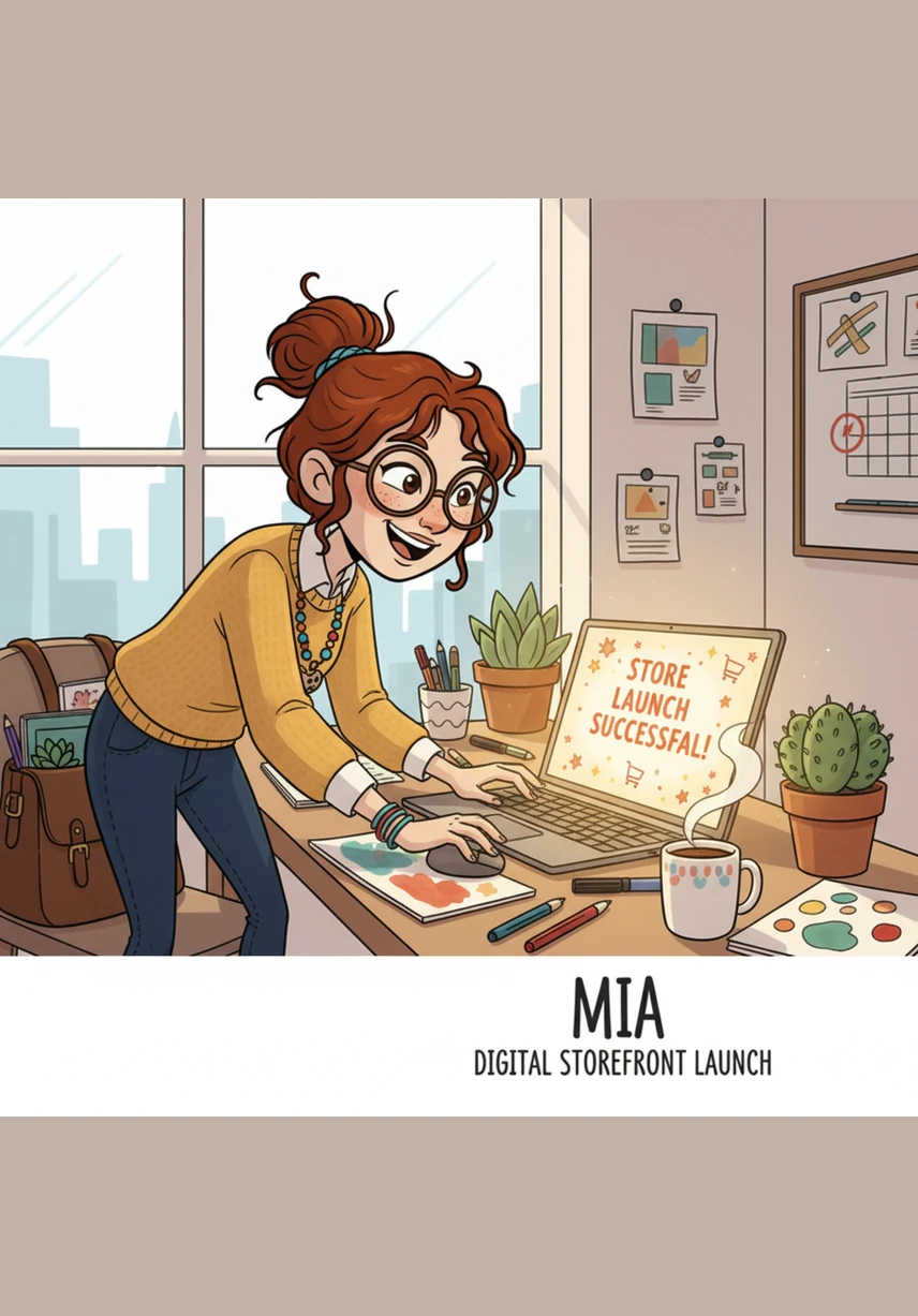 With her products ready, Mia sets up her digital storefront on a popular online marketplace. She carefully uploads her planner files and writes engaging descriptions, feeling a surge of pride in her new venture.