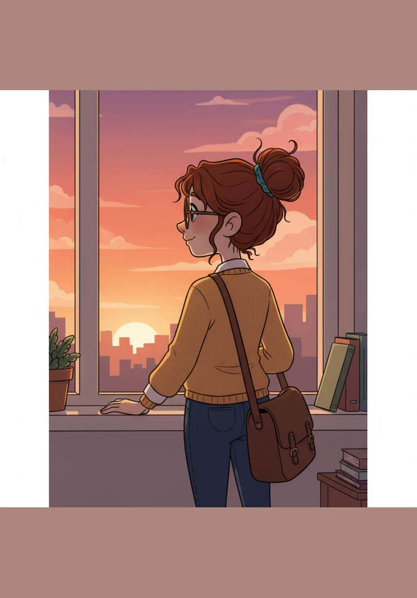 Mia stands by a large window, looking out at the sunset with a deep sense of accomplishment and freedom. She has successfully turned her creativity into a profitable business, proving that passion and the right tools are all you need to succeed.