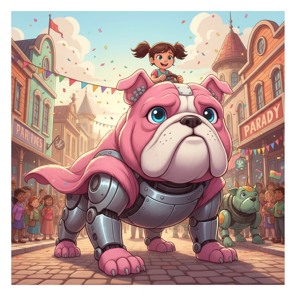 Lyra, an 80-ton mechanical marvel shaped like a bulldog, stood poised at the parade's starting point. Her soft-pink fur rippled in the gentle breeze, a stark contrast to her powerful, metallic frame. Inside her hidden cockpit, the pilot, a young girl named Maya, gripped the controls, her eyes shining with anticipation.