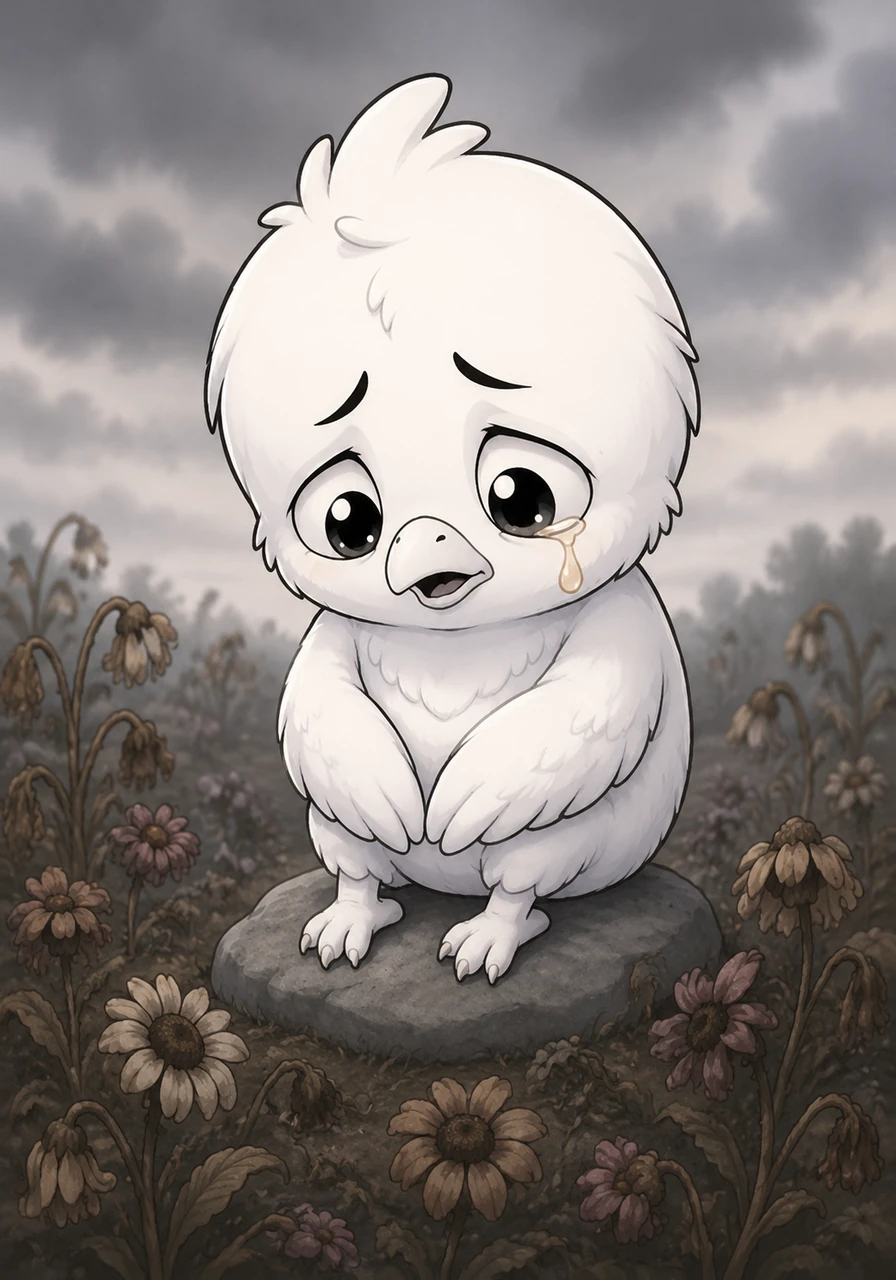 حاول لولو بكل جهده أن يقفز بين الأزهار علّ ألوانه تعود إليه، لكن الأزهار نفسها كانت قد فقدت بريقها، فجلس على حجر صغير يبكي بحرقة وتنهمر من عينه دمعة دافئة تعكس حزنه العميق.