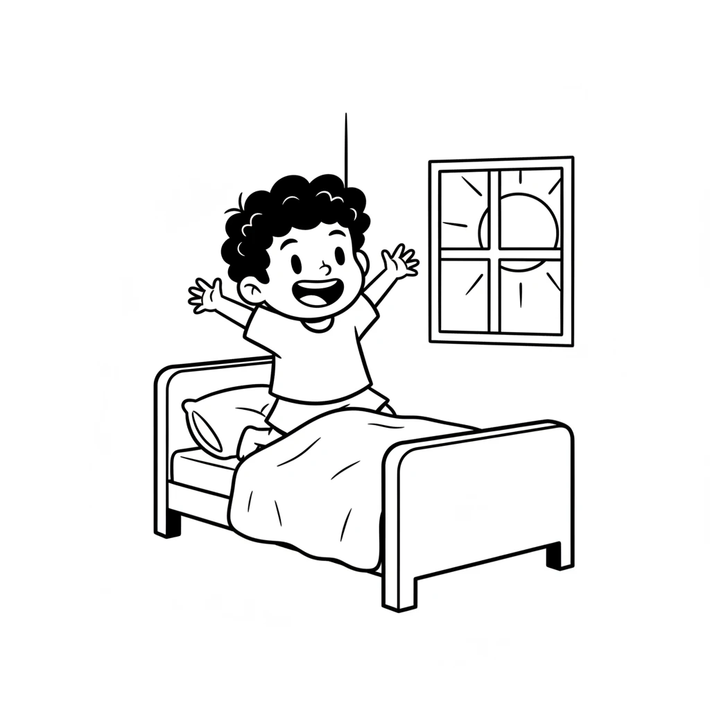 Leo woke up with a big smile. Today was a perfect day to learn about his favorite creatures: Pokémon! He bounced out of bed, eager to see what new friends he might discover. A simple drawing of a child (Leo) with a round head, two dots for eyes, a curved line for a smile, and messy hair. He is standing next to a simple bed, arms outstretched, looking happy. The background is a plain wall with a single window showing a sun.