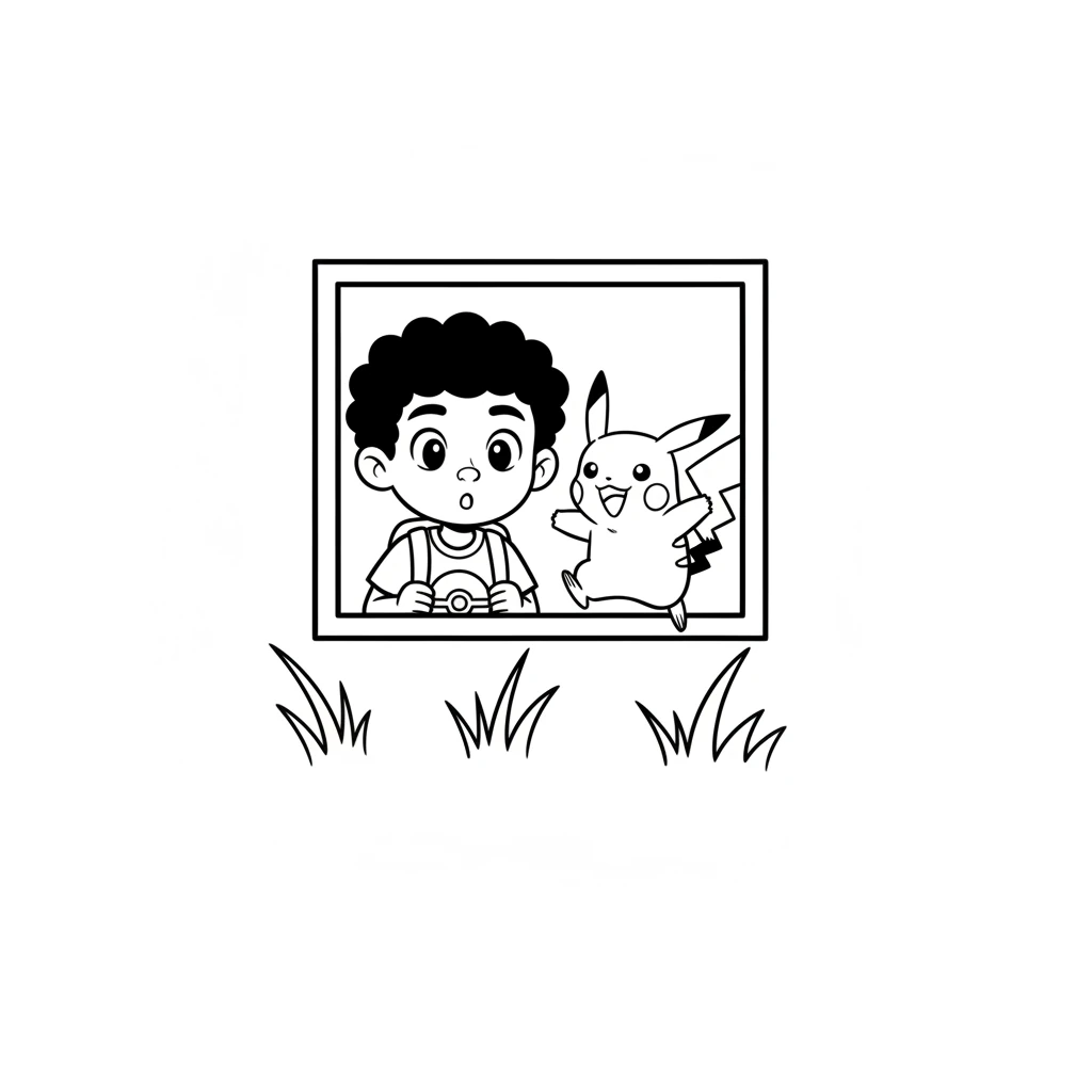 He peeked outside and gasped! A playful Pikachu was zipping through the tall grass, its tail wagging. Pikachu looked so cheerful, ready for a day of fun. Leo's head and shoulders are visible through a simple rectangular window. Outside, a very simple Pikachu shape, with two pointed ears, a zig-zag tail, and a round body, is depicted running through a few tall, curved lines representing grass.