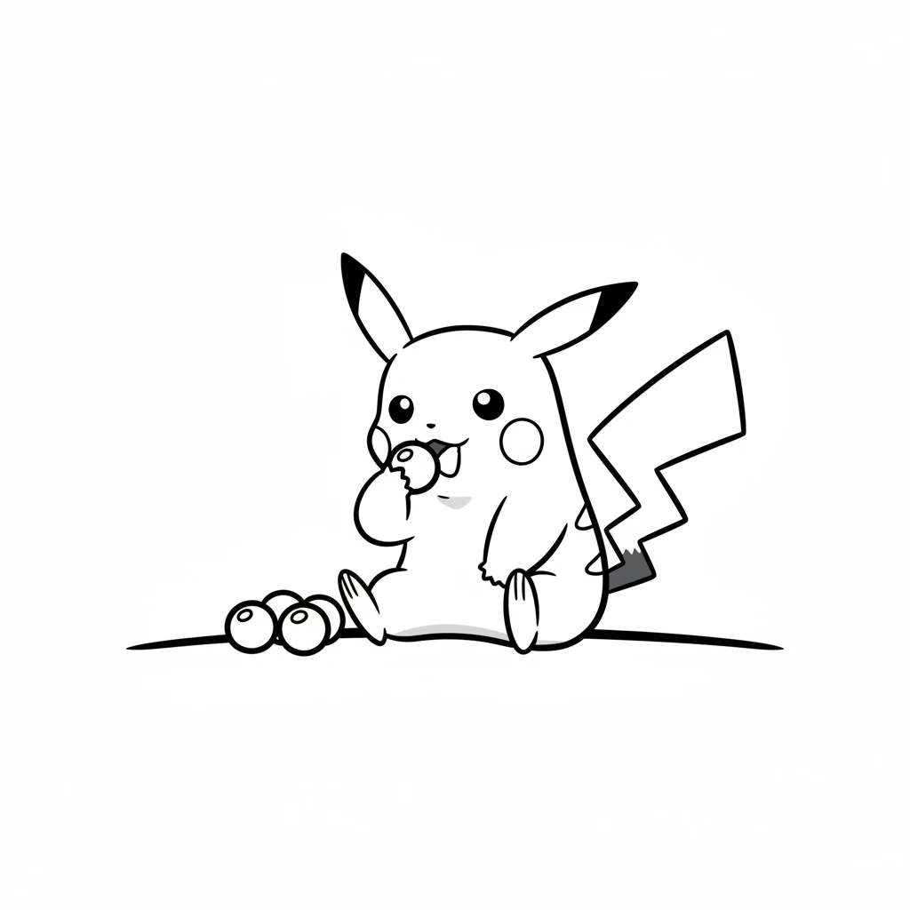 Soon, Pikachu stopped to munch on some yummy berries it found. Leo learned that Pikachu loved to eat sweet, red berries to keep its energy up for playing all day. Pikachu is sitting on the ground, a simple round berry held up to its mouth by a simple curved arm. A few more simple berries are on the ground next to it. The ground is a single curved line.