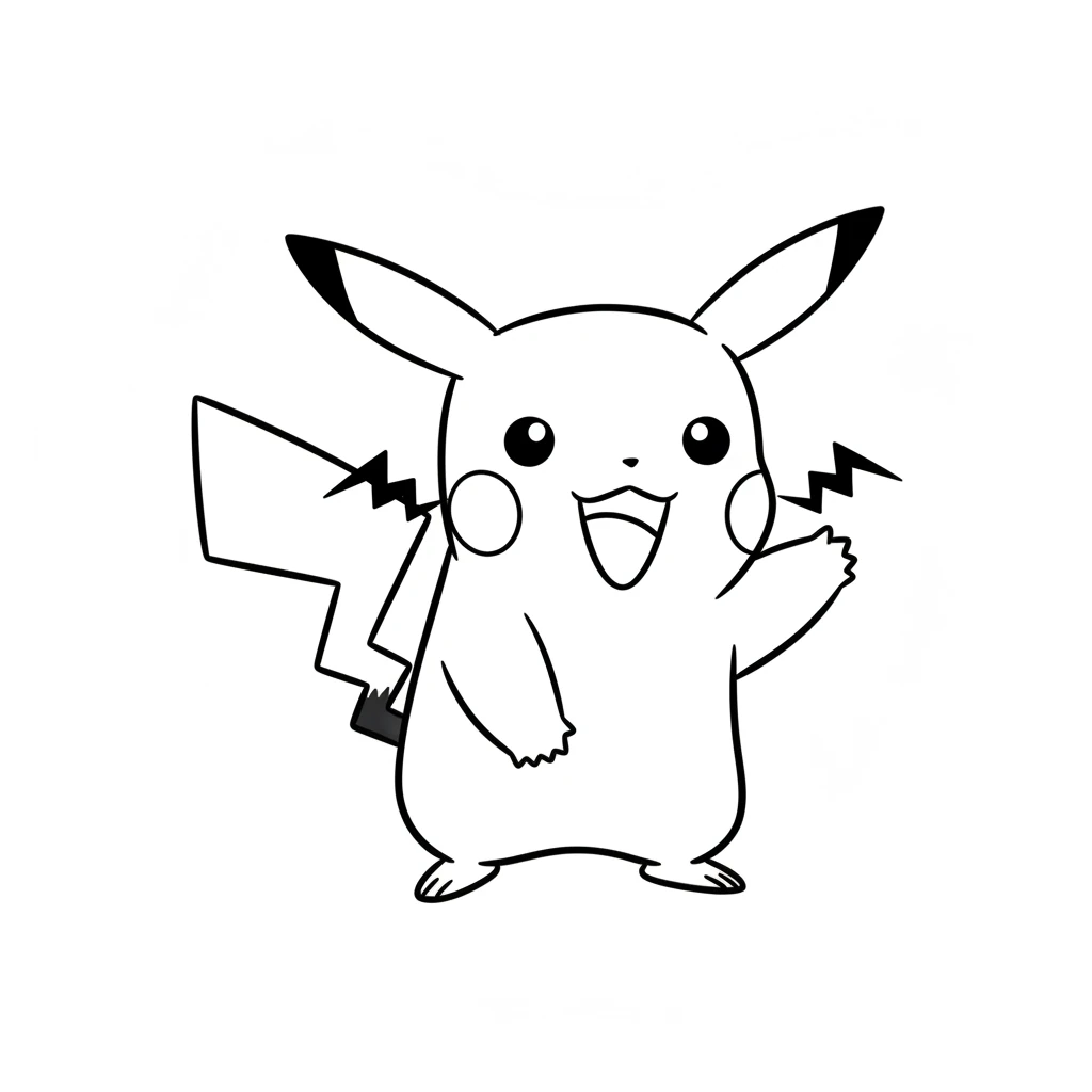 Suddenly, Pikachu let out a happy "Pika!" and a little spark of electricity zapped from its cheeks! It was a tiny, exciting flash, showing its special power. Pikachu stands with its body slightly tilted. From its cheeks, two very simple, jagged lightning bolt shapes extend outwards, indicating a spark. Its mouth is an open 'O' shape.