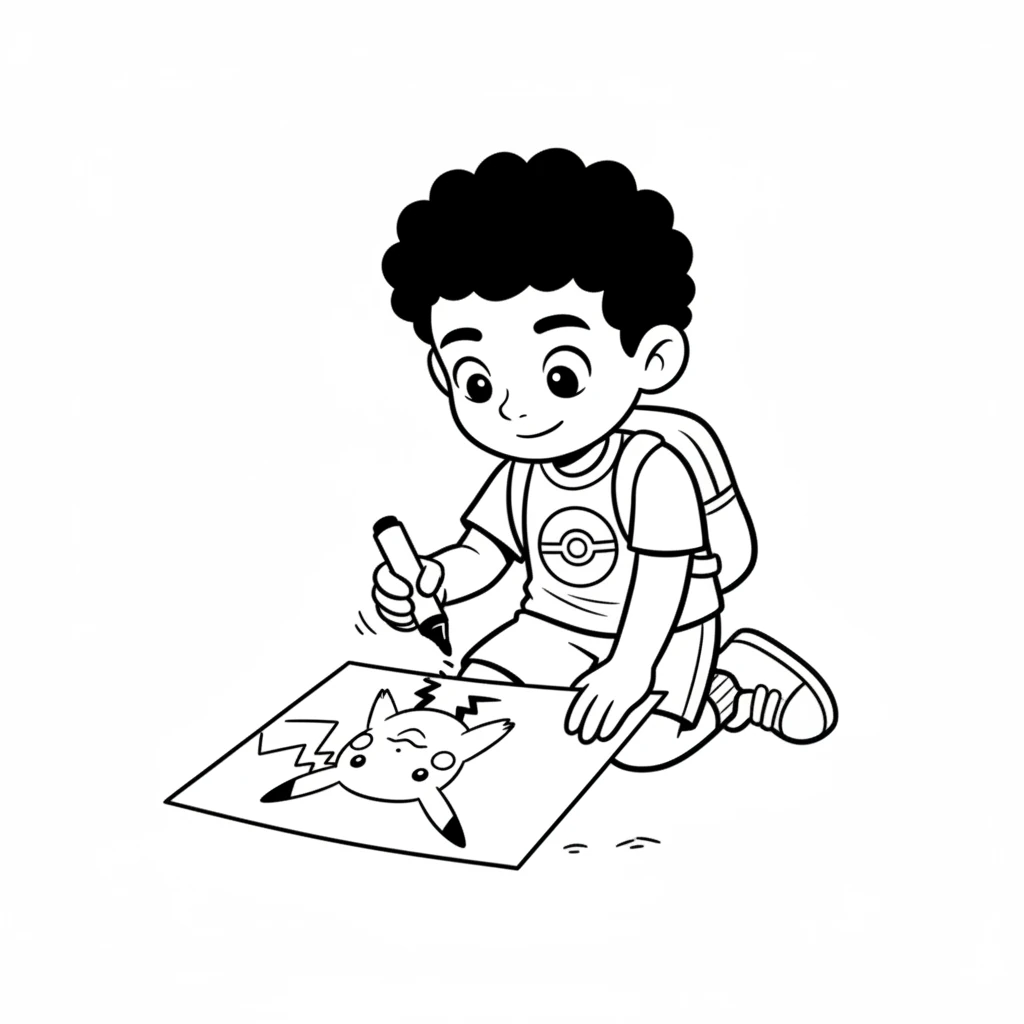 Next, Leo carefully added two pointy ears and a zig-zag tail. Now his drawing truly looked like his new friend, Pikachu, ready for adventures! The drawing on the paper now shows the basic circle with two simple, pointed ears (like triangles with rounded bases) on top and a simple zig-zag tail extending from the back.