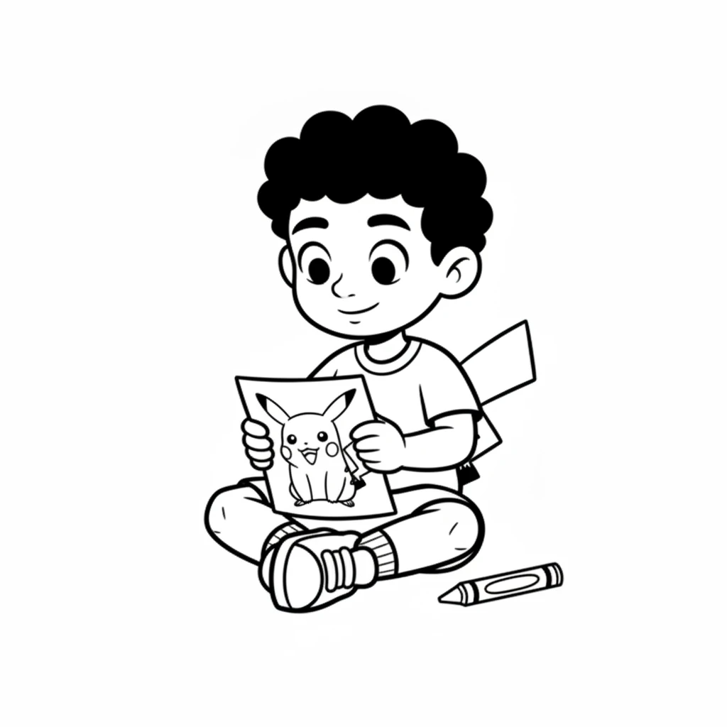 "And when I color it," Leo thought, "Pikachu will be bright yellow with red cheeks!" He imagined filling in the lines with the perfect colors. The drawn Pikachu outline from the previous scene, but with two small circles drawn on its cheeks, indicating where the red color would go. A simple yellow crayon is shown next to the paper.