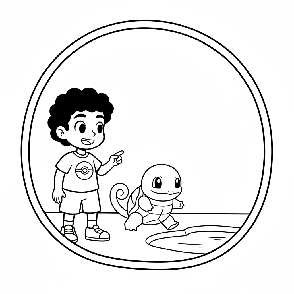 Just then, a little blue Squirtle waddled past the window, heading for a pond. Squirtle looked so cool with its strong shell and happy smile. Leo instantly wanted to learn about this new Pokémon too. A simple Squirtle shape. A rounded body with a shell indicated by a simple dome on its back. Four short legs, a simple tail curling up, and a round head with two simple eyes and a curved smile. It is walking towards a few wavy lines representing water.