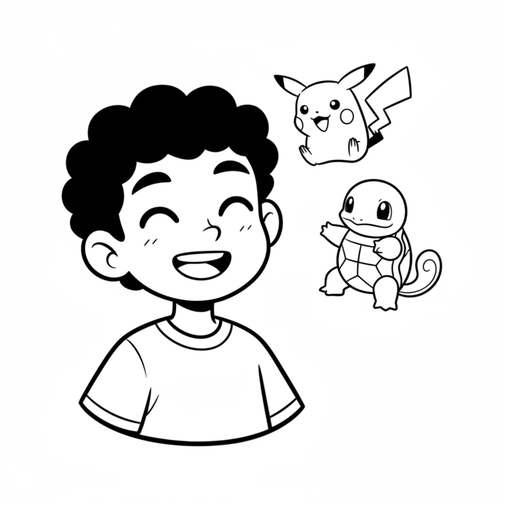 Leo smiled, feeling full of joy. He had learned so much about Pikachu and now had a new friend, Squirtle, to discover. His day was filled with wonderful Pokémon learning and drawing fun! Leo's head and shoulders visible again, similar to Scene 2, but he is smiling broadly. Next to him, a simple drawing of Pikachu and Squirtle (their simplified forms) are floating in the air, like thought bubbles or happy memories.
