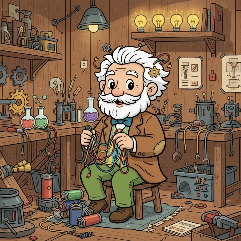 Young Thomas Edison, a curious boy with a spark in his eyes, tinkered with wires and batteries in his makeshift laboratory. His room was filled with fascinating gadgets and experimental projects. He dreamed of illuminating the world with a light brighter than the sun.