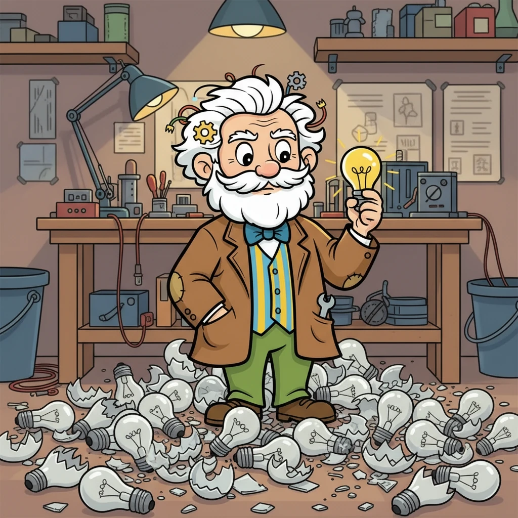 Thomas, inspired by John's words, looked at the hundreds of broken light bulbs. He realized that each failure was a lesson learned, a step forward in the process. He knew he wouldn't give up until he succeeded.