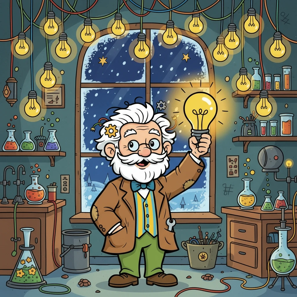 On a cold winter's night, Thomas Edison proudly unveiled his invention: the electric light bulb. The laboratory was illuminated with a warm, inviting glow, a testament to his perseverance and the power of human ingenuity. The world was now brighter, thanks to Edison's bright spark.