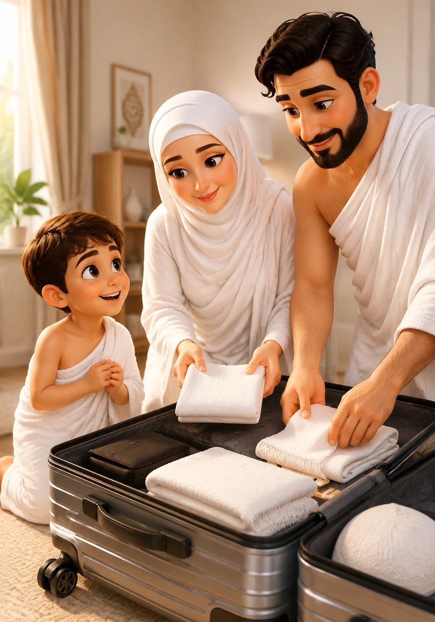 Once upon a time, a happy five-year-old boy named Manaf loved big adventures. One sunny morning, his heart danced with excitement as he watched his mommy and daddy pack a big, shiny suitcase for a very special trip called Hajj.
