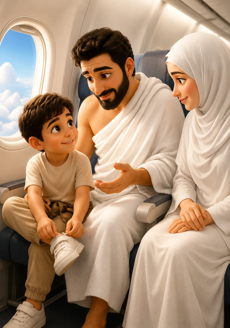 Buckling up his favorite shoes, Manaf joined his parents on a big, roaring airplane that soared high up into the fluffy white clouds. Before they landed, Daddy changed into a simple white cloth called Ihram, gently explaining that these clothes show everyone is equal and special to Allah.