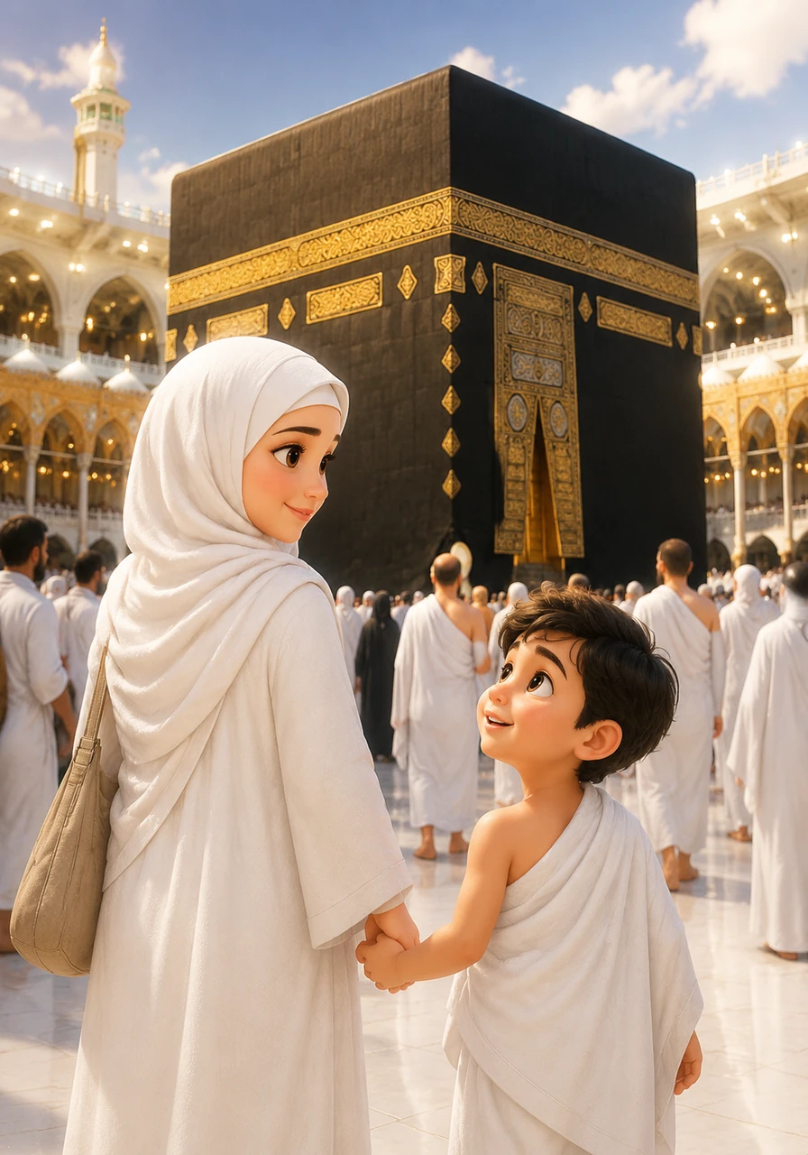 Holding his mommy's hand tightly, Manaf stepped into the bustling Great Mosque of Makkah. Right in the very center stood the beautiful Kaabah, a magnificent, giant cube draped in a stunning black and gold cloth that took his breath away.