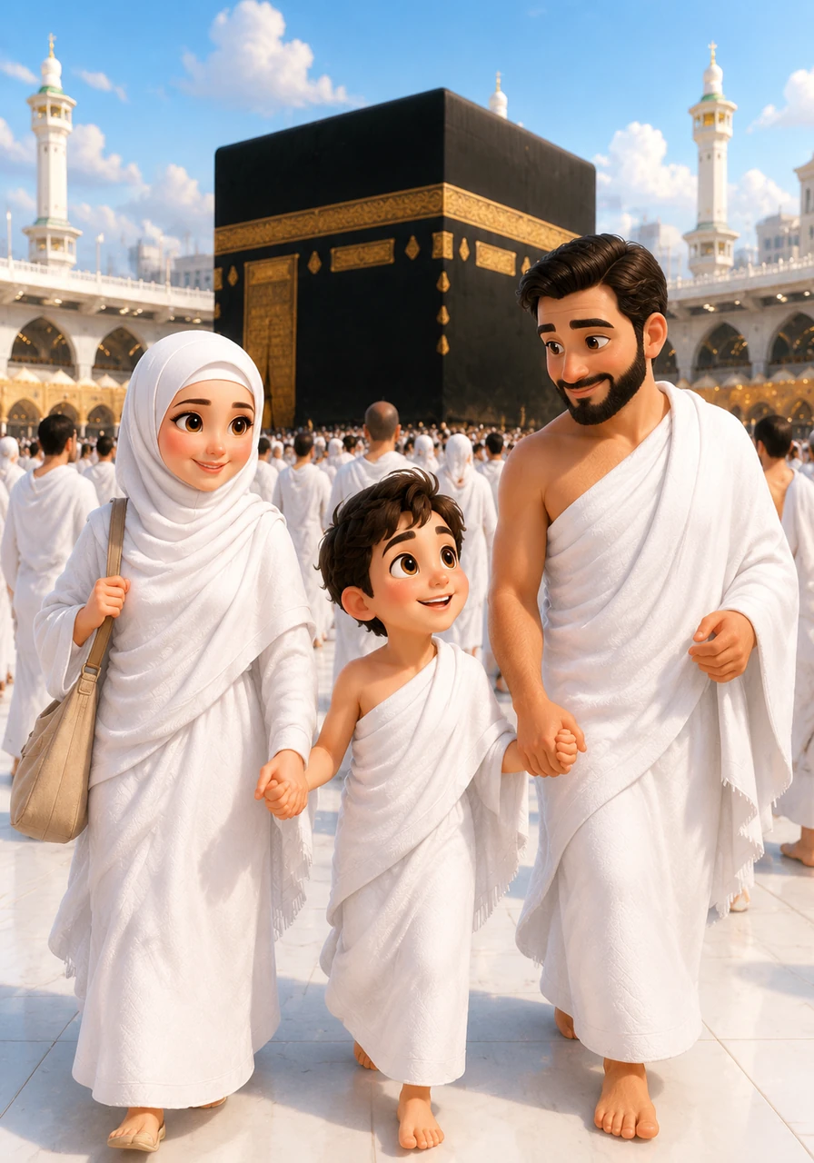 With a bright smile, Manaf walked around the beautiful Kaabah seven times in a gentle, happy circle alongside thousands of other people. He felt a deep sense of peace and wonder as everyone moved together like a beautiful, swirling river.