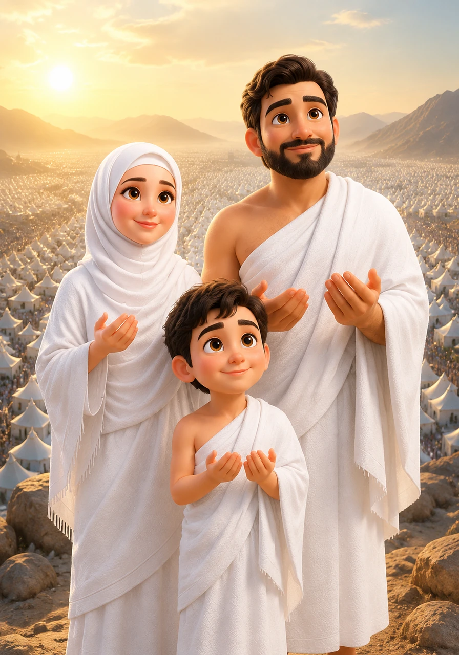 Next, the family went camping in Mina, where thousands of white tents stretched out across the valley like giant ice cream cones. They stood together under the warm sun at Arafat, joining hands and hearts to pray for endless love and kindness.