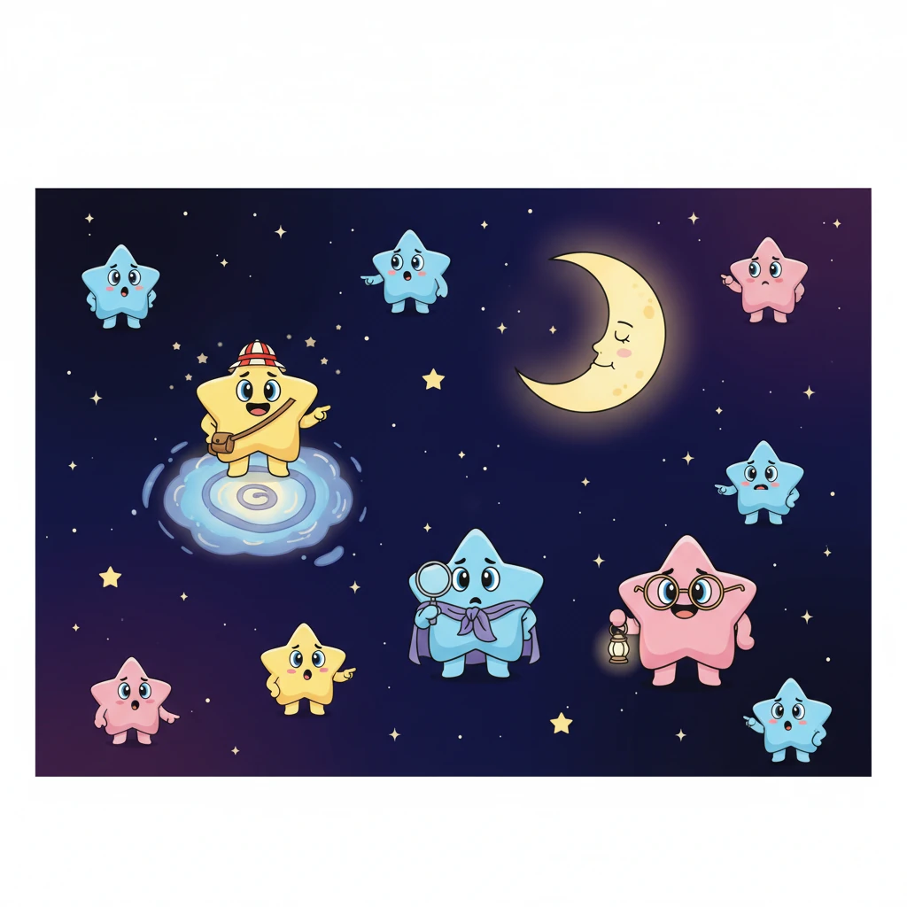 The little stars, who loved to dance around the Moon, began to whisper and wonder. "Where is Lumi?" chirped a tiny star, its light flickering with worry. All the other stars looked around, their bright eyes searching every corner of the vast, dark expanse.