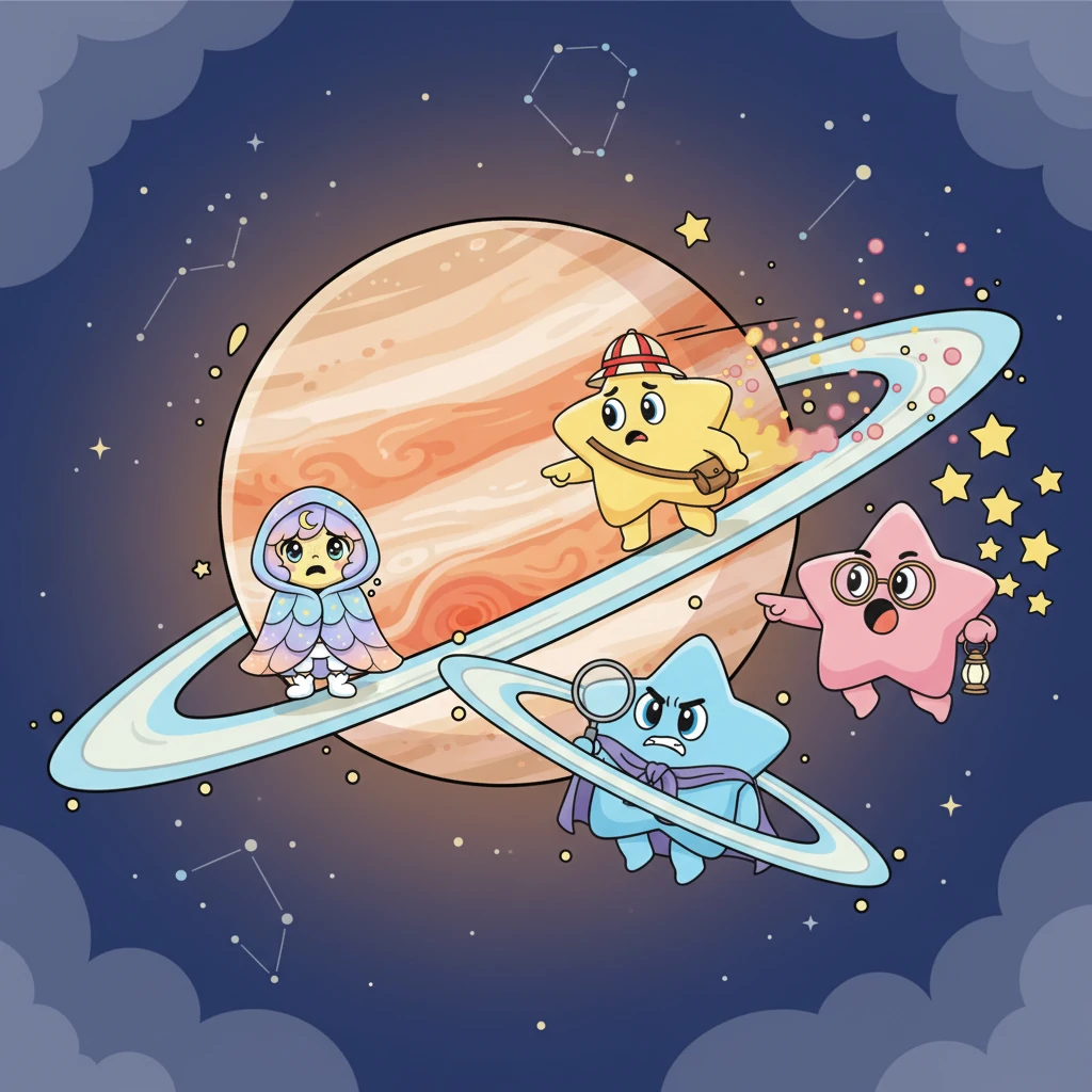 A flurry of star-dust swirled as the stars zipped across the sky, calling out Lumi's name. They checked behind Jupiter's swirling red spot and peeked under the rings of Saturn. Their usual playful games were forgotten as a quiet concern settled over the celestial neighborhood.