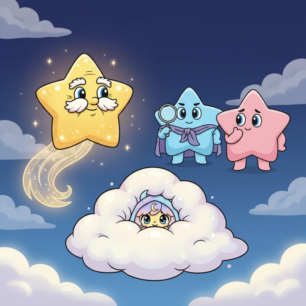 Suddenly, a wise old star, with a long, shimmering tail, spoke up. "Lumi is very shy," it rumbled gently. "Perhaps she's hiding in the softest, fluffiest place she could find, where no one usually looks." The stars pondered this, their lights dimming slightly in thought.