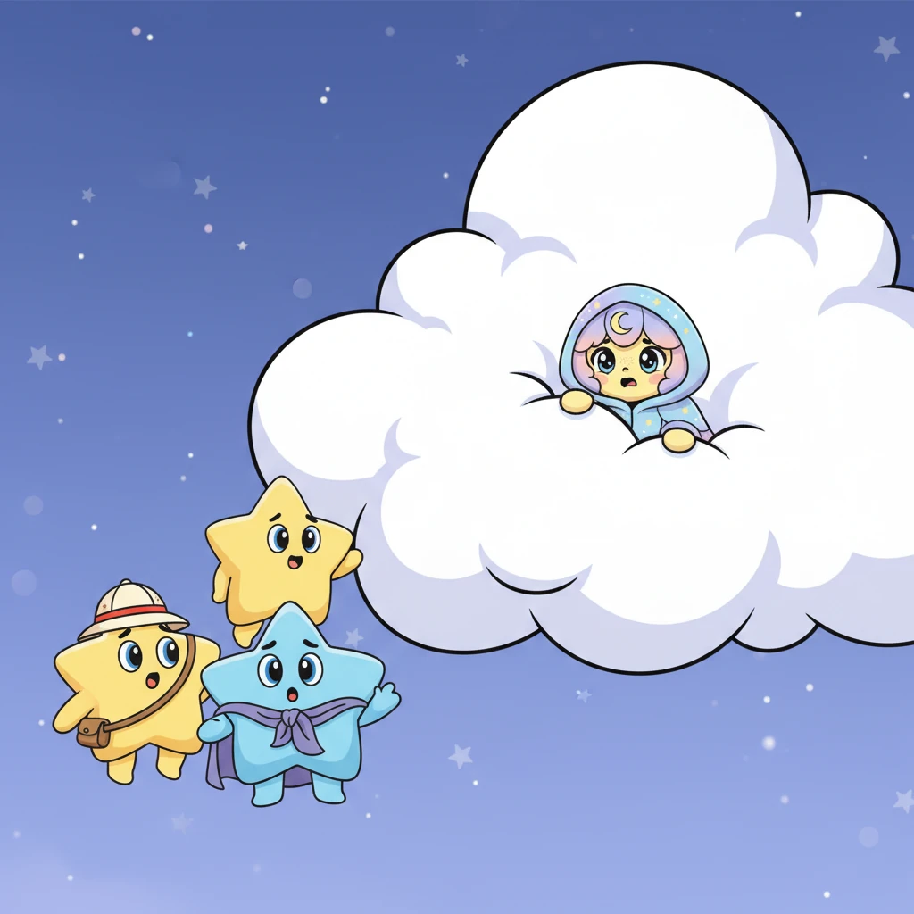 Following the wise star's advice, a group of curious little stars drifted towards the biggest, puffiest cloud floating near the edge of the sky. Peeking from behind its billowy white edges was a small, round sliver of light—it was Lumi, looking very timid indeed.