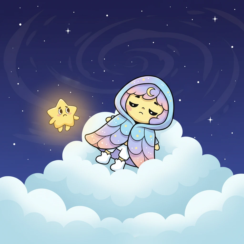 A brave little star named Twinkle, no bigger than a firefly, floated slowly towards the cloud. Twinkle's light pulsed softly, trying not to startle Lumi. "Hello, Lumi," Twinkle whispered, "We've missed your beautiful glow."