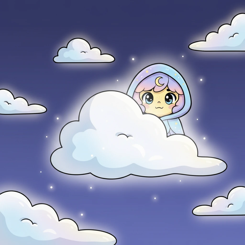 Slowly, ever so slowly, Lumi began to emerge from behind the cloud. Her soft, gentle light spread across the sky, painting the edges of the clouds with a silvery glow. She still looked a little nervous, but a small, warm smile touched her face.