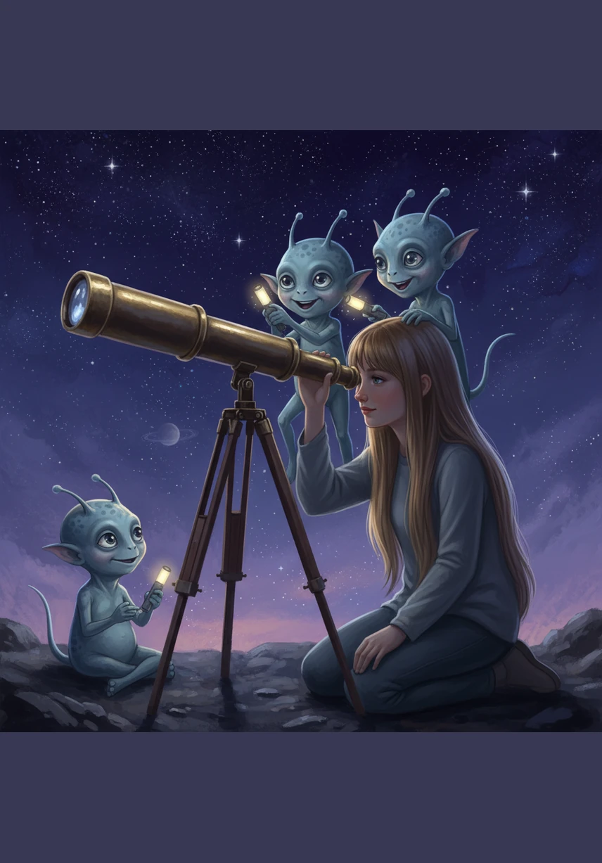 Under a blanket of shimmering stars, Eva peered through her telescope, her heart full of curiosity about the mysteries of the deep night sky. The crickets chirped a rhythmic lullaby as she searched for a sign of something extraordinary beyond the moon.