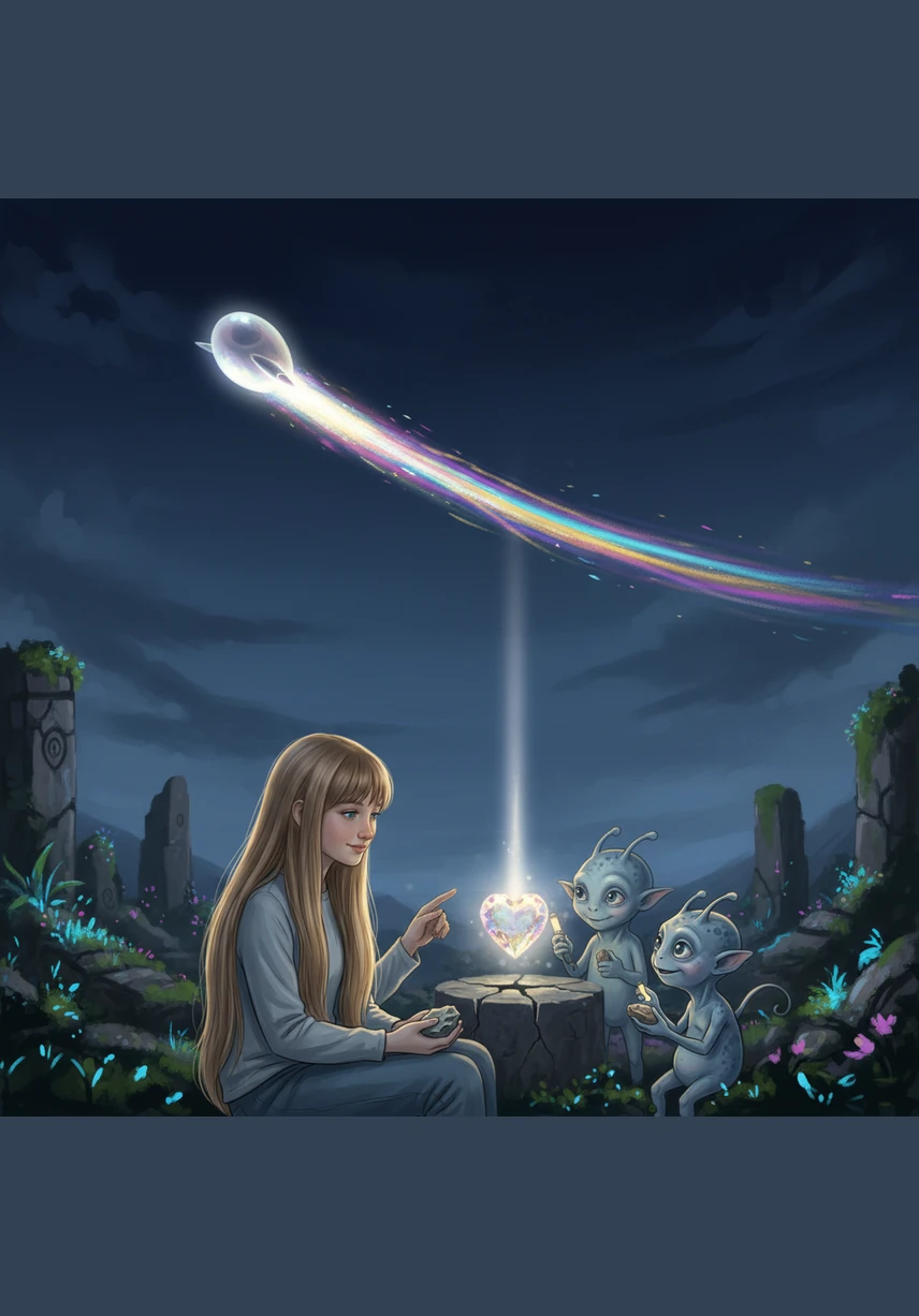 Suddenly, a streak of iridescent light painted the sky, and a small, pearlescent ship descended silently into the meadow behind her house. It hummed with a soft, melodic vibration that made the nearby wildflowers dance in the midnight breeze.