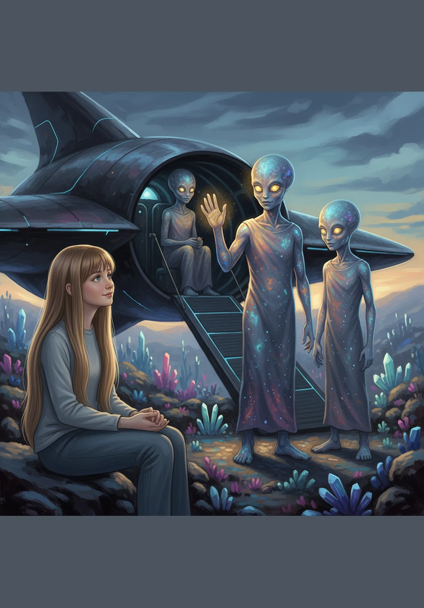 Three gentle beings stepped out of the ship, their skin glowing with the soft colors of a nebula and their eyes sparkling like distant suns. Eva felt no fear, only a warm sense of wonder as they tilted their heads and offered a friendly, luminous wave.
