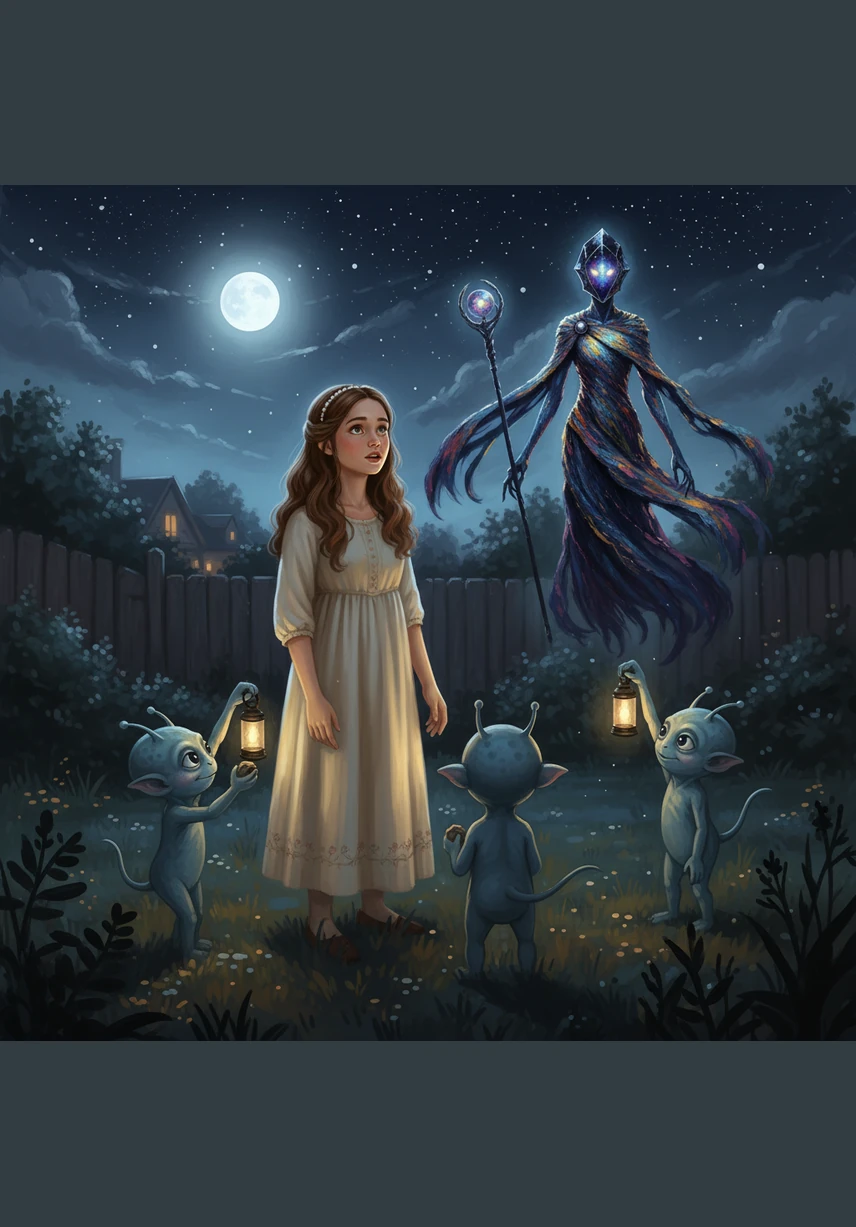 One of the visitors held out a small crystalline sphere that projected a magnificent holographic map of the entire Milky Way. Eva watched in awe as swirling galaxies and colorful planets floated around her, making the backyard feel like the center of the universe.