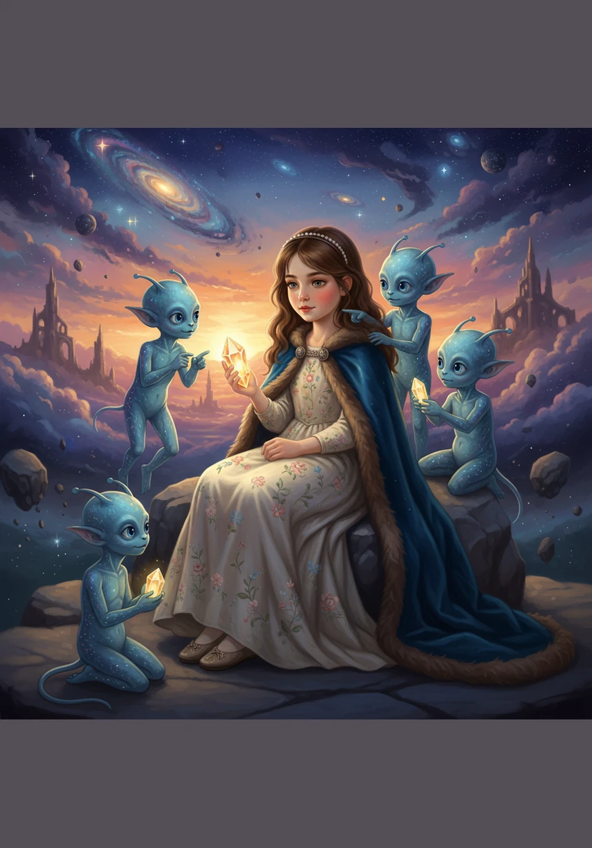 To show their gratitude for her warm welcome, the visitors handed Eva a tiny, floating star-seed that pulsed with a gentle golden light. It hovered above her palm, radiating a warmth that felt like a cozy hug from the cosmos itself.