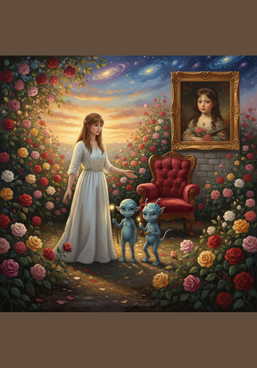Eva led her new friends to her mother's rose garden, where the aliens marveled at the vibrant petals and the earthy scent of the soil. They touched the flowers with long, delicate fingers, fascinated by the simple beauty of life on Earth.