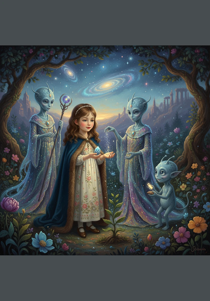 With a sprinkle of shimmering cosmic dust, the visitors transformed the garden into a glowing wonderland of neon blues and purples. The roses began to chime like tiny bells, creating a symphony of light and sound that filled the night air.