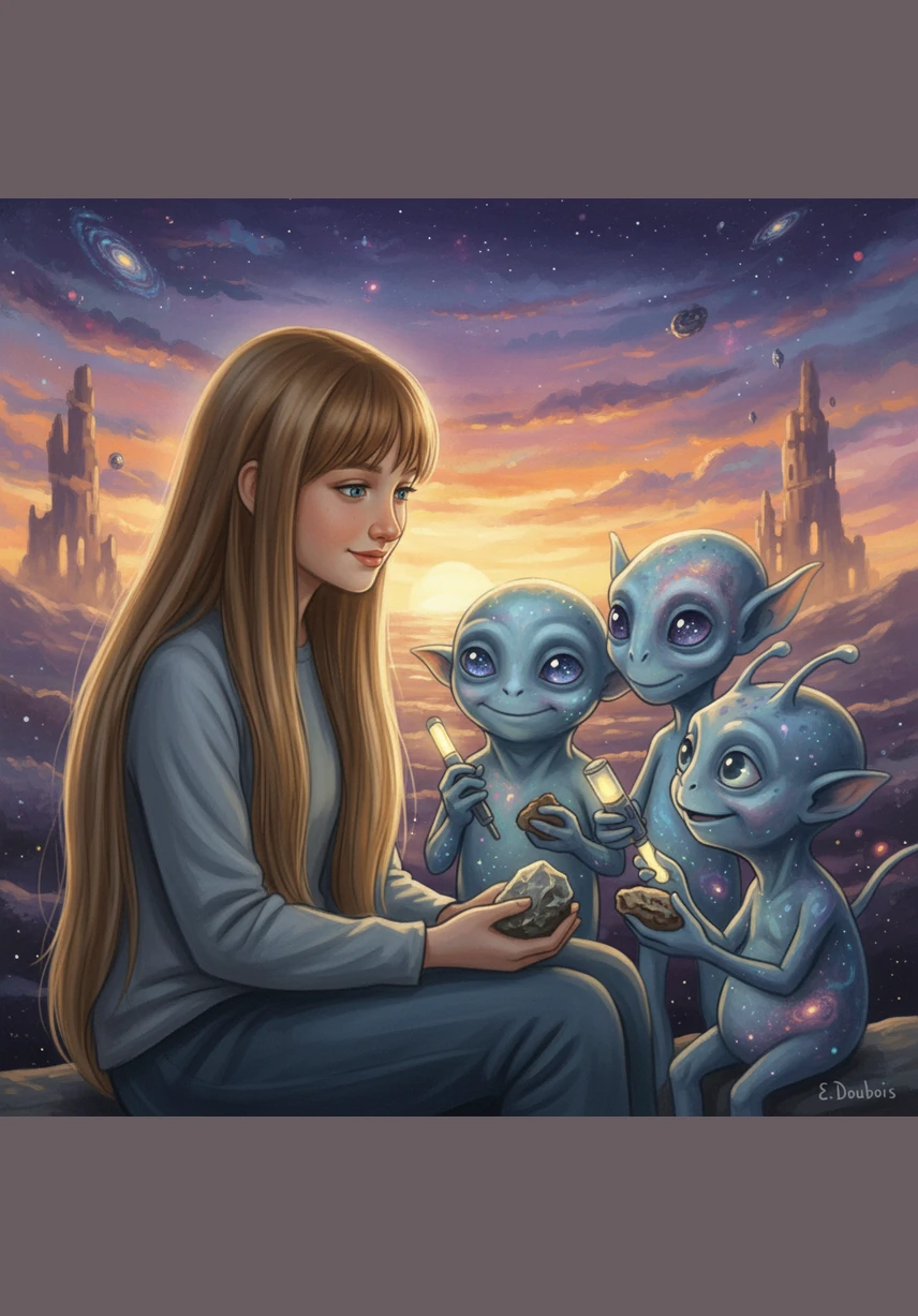 As the first hints of dawn began to touch the horizon, Eva and the cosmic visitors shared a moment of quiet understanding. Though they spoke no words, their hearts were connected by the shared joy of discovery and the bond of a new friendship.