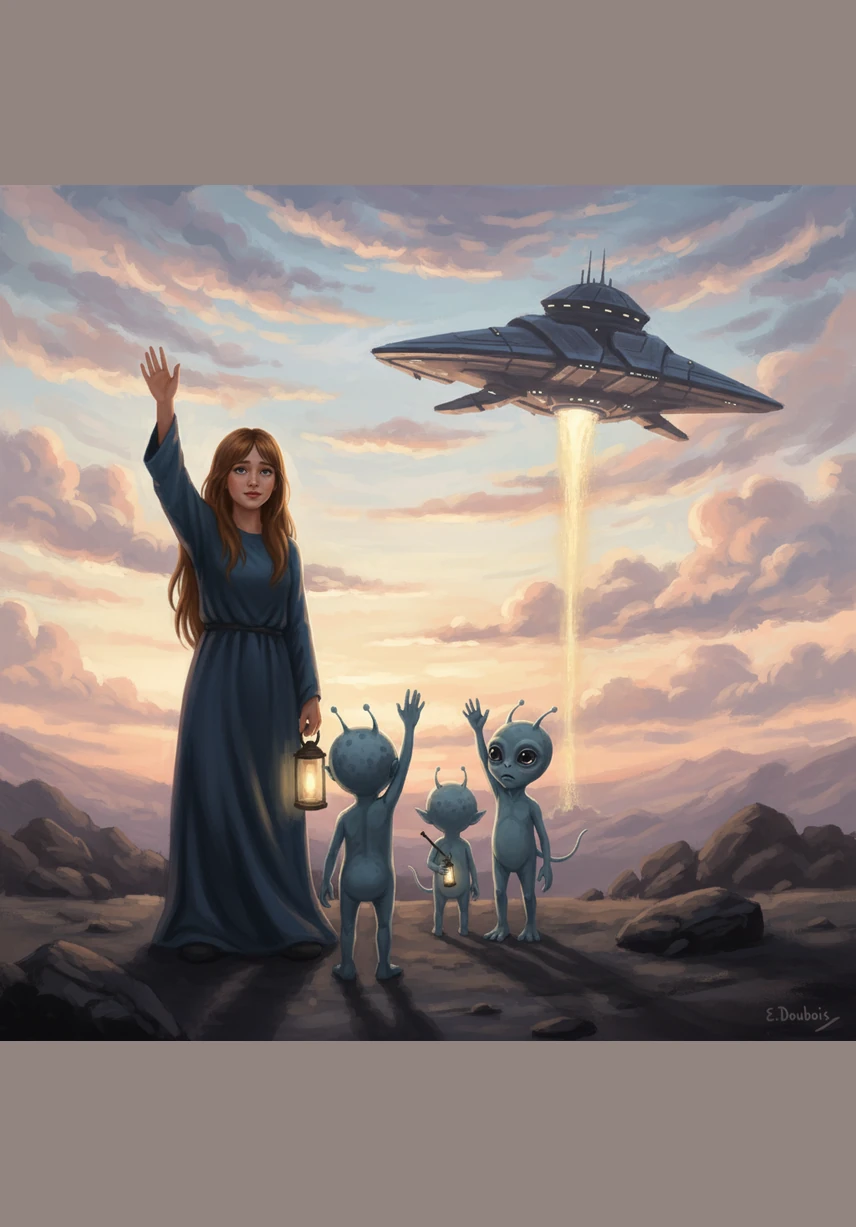 The visitors returned to their pearlescent ship, leaving behind a trail of sparkling stardust as they soared back toward the stars. Eva waved until the ship was just another twinkling light in the vast, beautiful expanse of the morning sky.