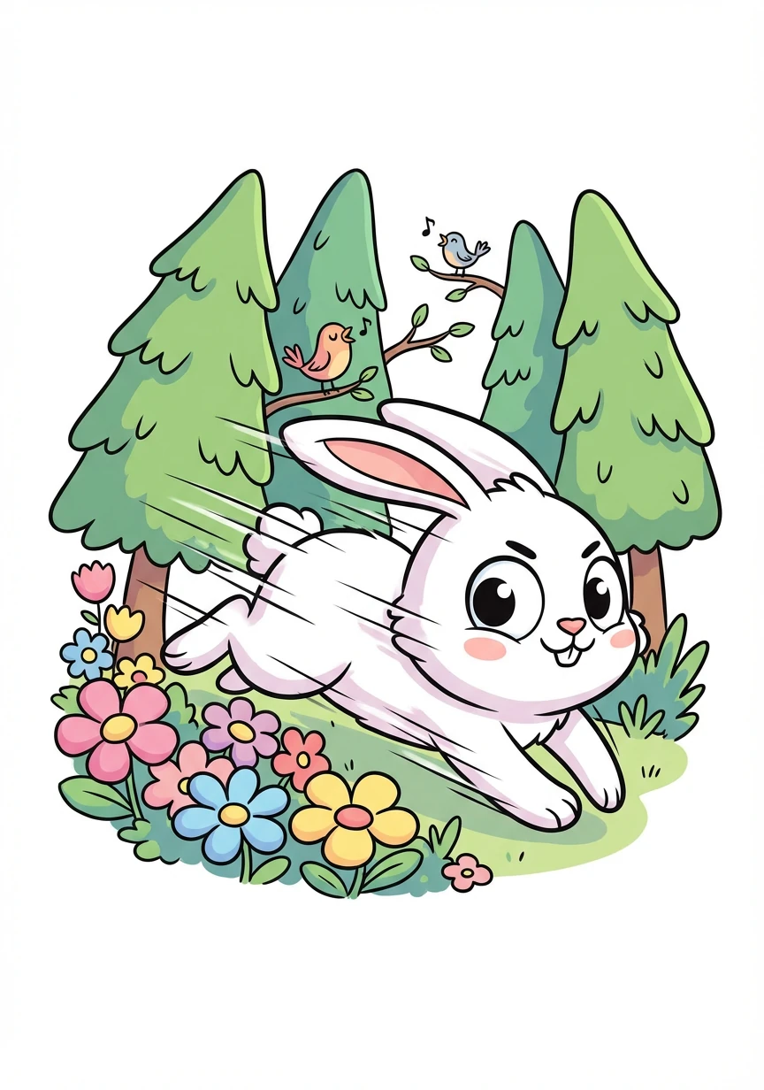 He zoomed past the flowers, a blur of white fur,
Forgetting to smell them, that's for sure!
He dashed past the trees, so tall and so green,
Missing the birds singing, the prettiest scene.