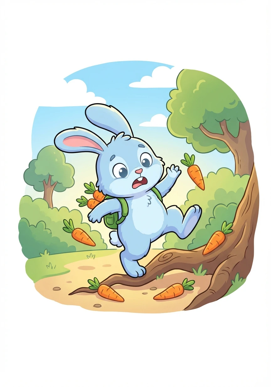 He tripped on a root, with a hop and a stumble,
Sending his carrots a-tumbling and rumble!
"Oh dear!" cried Runny, "What a terrible mess!"
Carrots scattered everywhere, causing such stress.