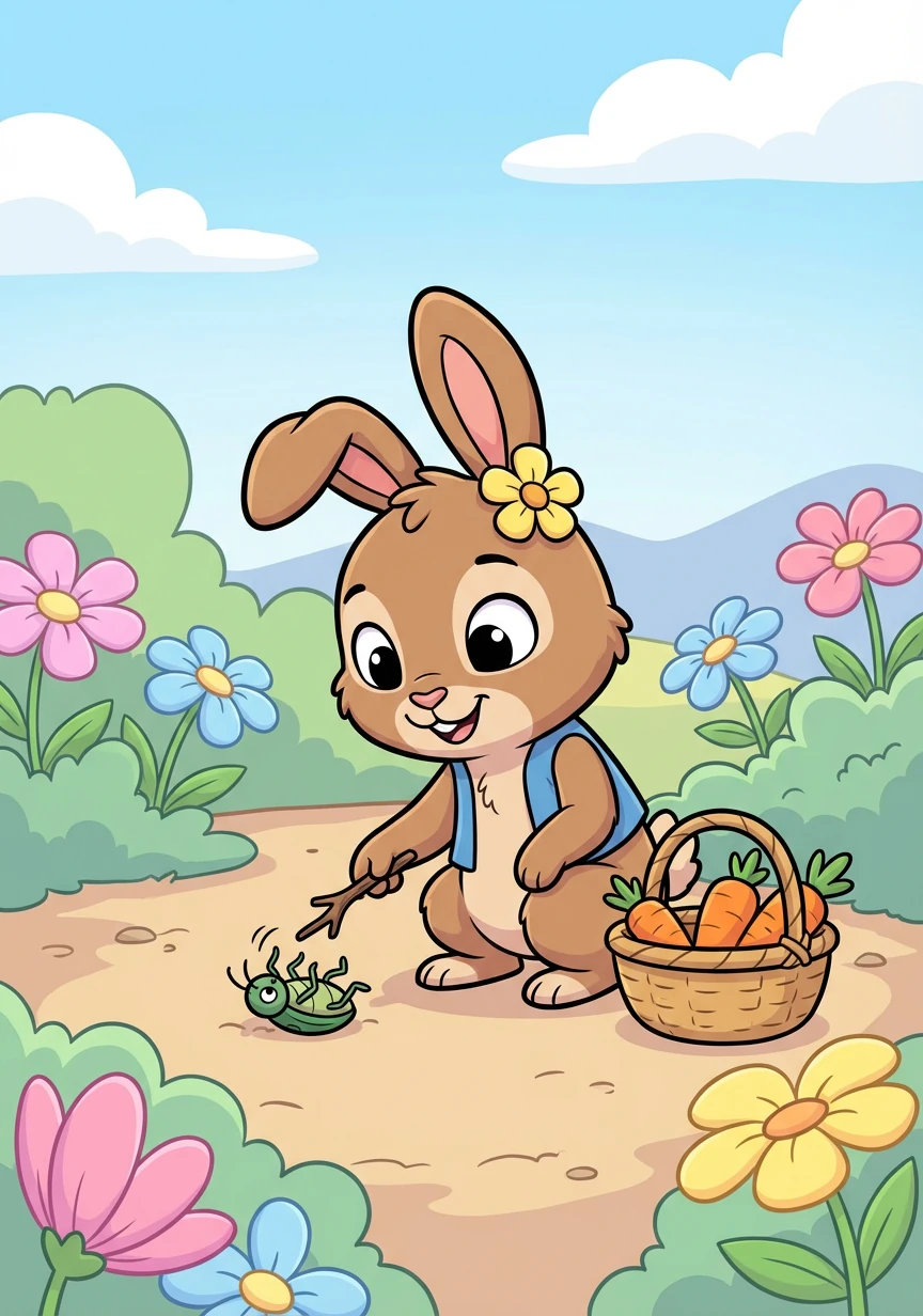 He gathered his carrots, one by one with care,
Taking a moment to breathe the fresh air.
He helped a small beetle, stuck on its back,
A kindness he offered, right on the track.