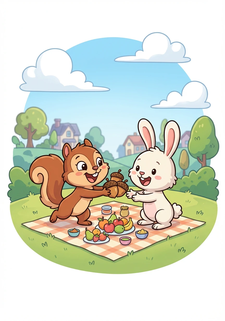 He met his friend Hazel, the squirrel so brown,
Who offered him acorns, all over the town.
"Let's share a picnic!" Hazel did say,
"And watch the clouds drifting lazily today."