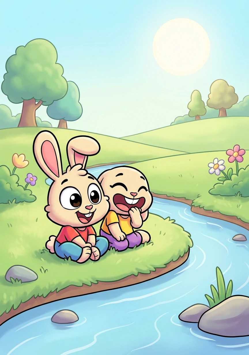 They sat by the stream, with a giggle and grin,
Enjoying the moment, letting joy sink in.
Runny forgot all about rushing around,
In peaceful contentment, on the soft ground.