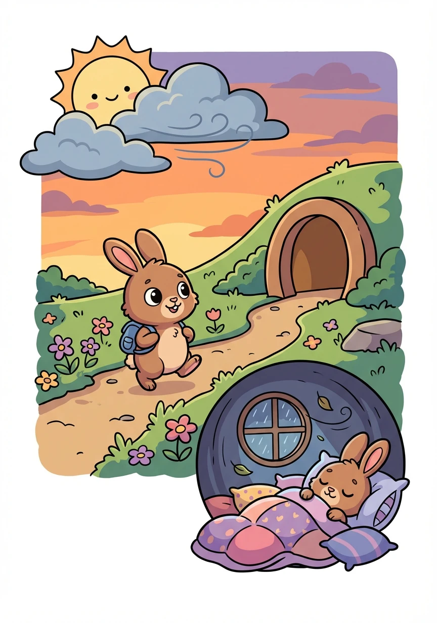 He hopped back home slowly, with a smile on his face,
Leaving behind worries, at a much slower pace.
He tucked himself in, all cozy and warm,
Safe from the wind and any approaching storm.