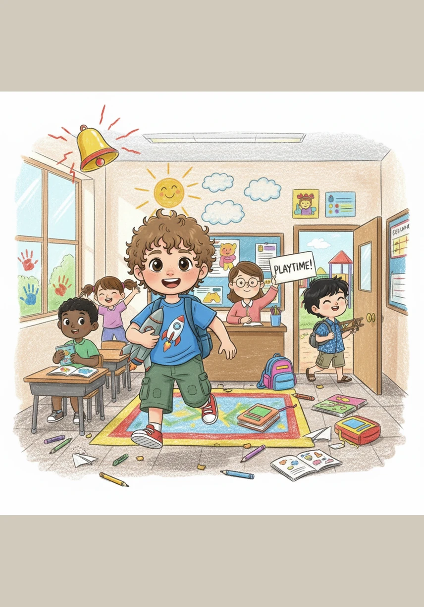 Bel istirahat berbunyi nyaring di dalam kelas yang ceria dengan hiasan dinding berwarna-warni. Ali dan teman-temannya bersorak gembira karena tiba waktunya untuk bermain dengan berbagai mainan seru di pojok ruangan.