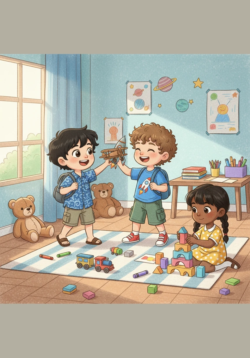 Anak-anak berlarian menuju kotak mainan besar dengan penuh semangat untuk mengambil mainan favorit mereka. Ali bergerak cepat dan berhasil mendapatkan sebuah mobil balap berwarna merah cerah yang sangat keren dan mengkilap.