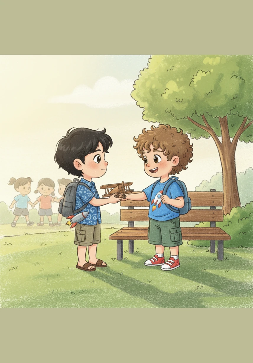 Budi datang sedikit terlambat ke kotak mainan dan mendapati semua mainan sudah habis diambil oleh teman-temannya yang lain. Ia menunduk sedih dan duduk sendirian di bangkunya sambil melihat tangannya yang kosong.