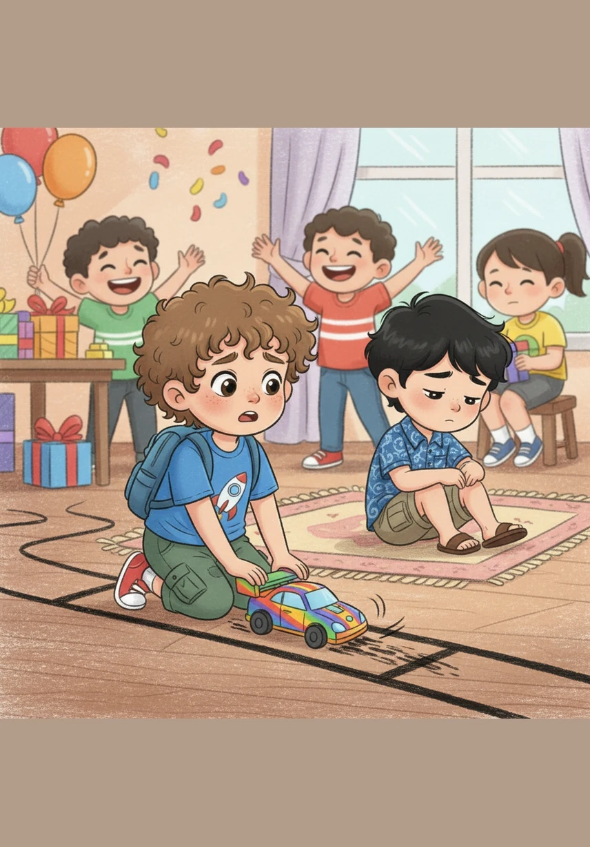 Dari tengah ruangan, Ali sedang asyik menjalankan mobil balapnya di lantai, namun ia tiba-tiba berhenti saat melihat Budi yang tampak murung. Ali merasa tidak tega melihat sahabatnya merasa kesepian di saat semua orang sedang bersenang-senang.