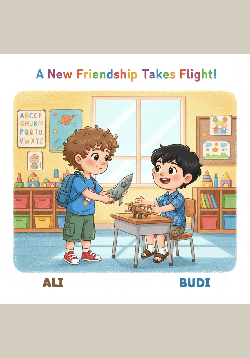 Ali menghampiri Budi dengan langkah perlahan lalu menyodorkan mobil balap merah kesayangannya dengan tangan terbuka. Ia mengajak Budi untuk bermain bersama agar mereka berdua bisa merasakan kegembiraan balapan di atas lantai kelas.