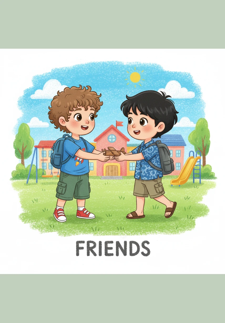 Wajah Budi seketika berubah menjadi cerah dengan senyum yang sangat lebar saat menerima ajakan tulus dari Ali. Mereka mulai menyusun balok-balok kayu bersama untuk membuat lintasan balap yang panjang dan menantang.