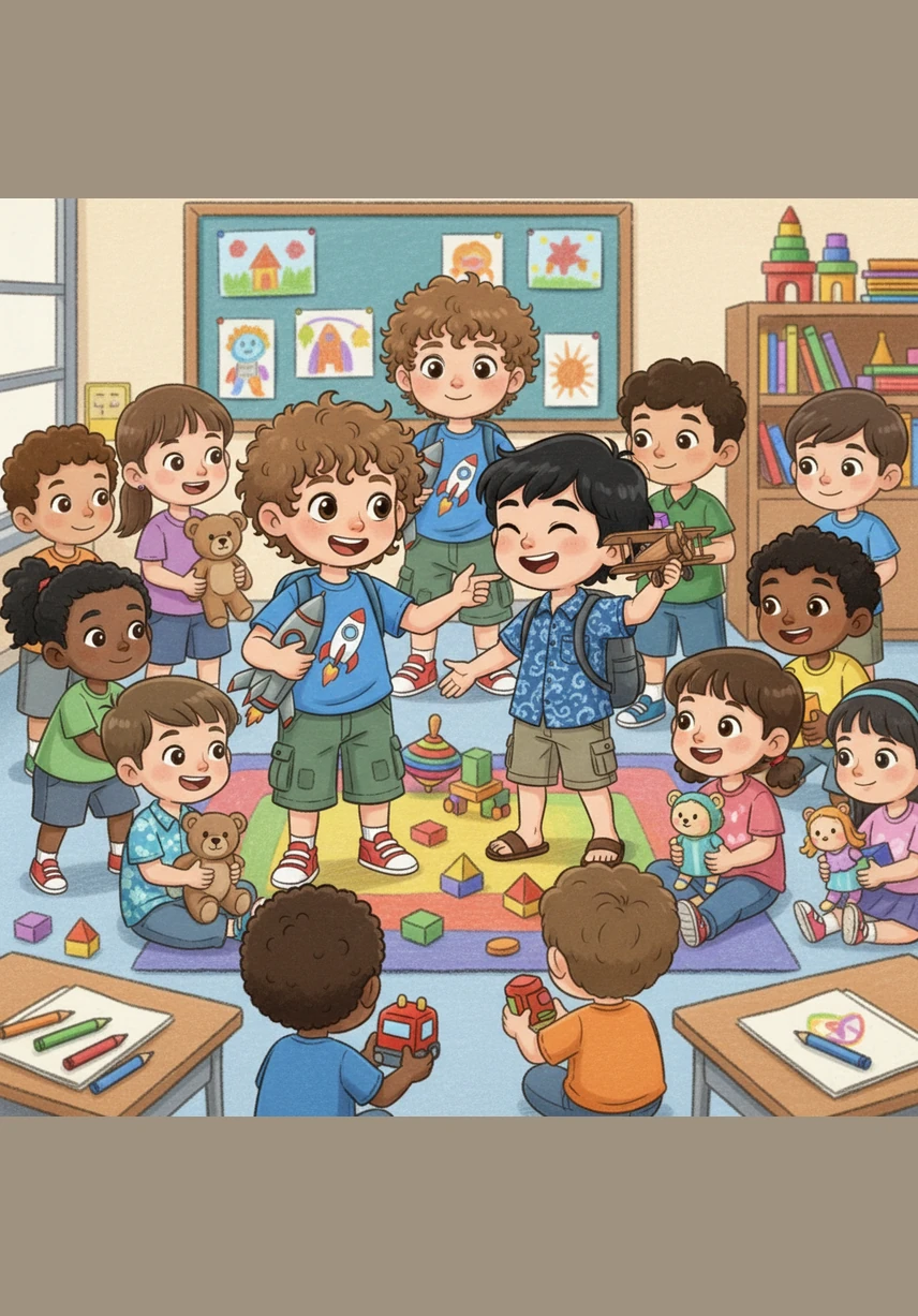 Teman-teman yang lain melihat kebaikan hati Ali dan mulai terinspirasi untuk ikut bergabung membawa mainan mereka. Suasana kelas menjadi sangat ramai dan penuh tawa karena kini semua anak saling berbagi dan bermain dalam satu kelompok besar.