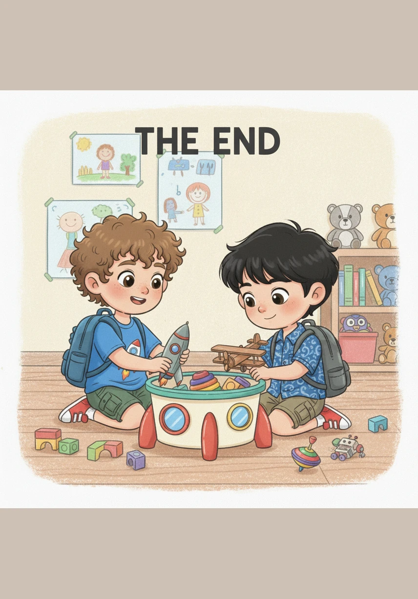 Saat bel masuk berbunyi, Ali dan Budi merapikan mainan dengan hati yang puas dan penuh kebahagiaan. Ali menyadari bahwa berbagi mainan tidak membuatnya kekurangan, melainkan justru melipatgandakan kesenangan dan mempererat tali persahabatan.