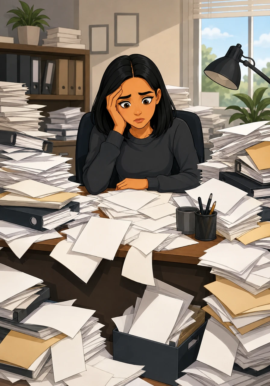 Soon, Karla was overwhelmed by a mountain of administrative tasks. Papers spilled across her desk, making it hard to find important documents. The lack of organization made her work feel slower and more difficult than it needed to be.